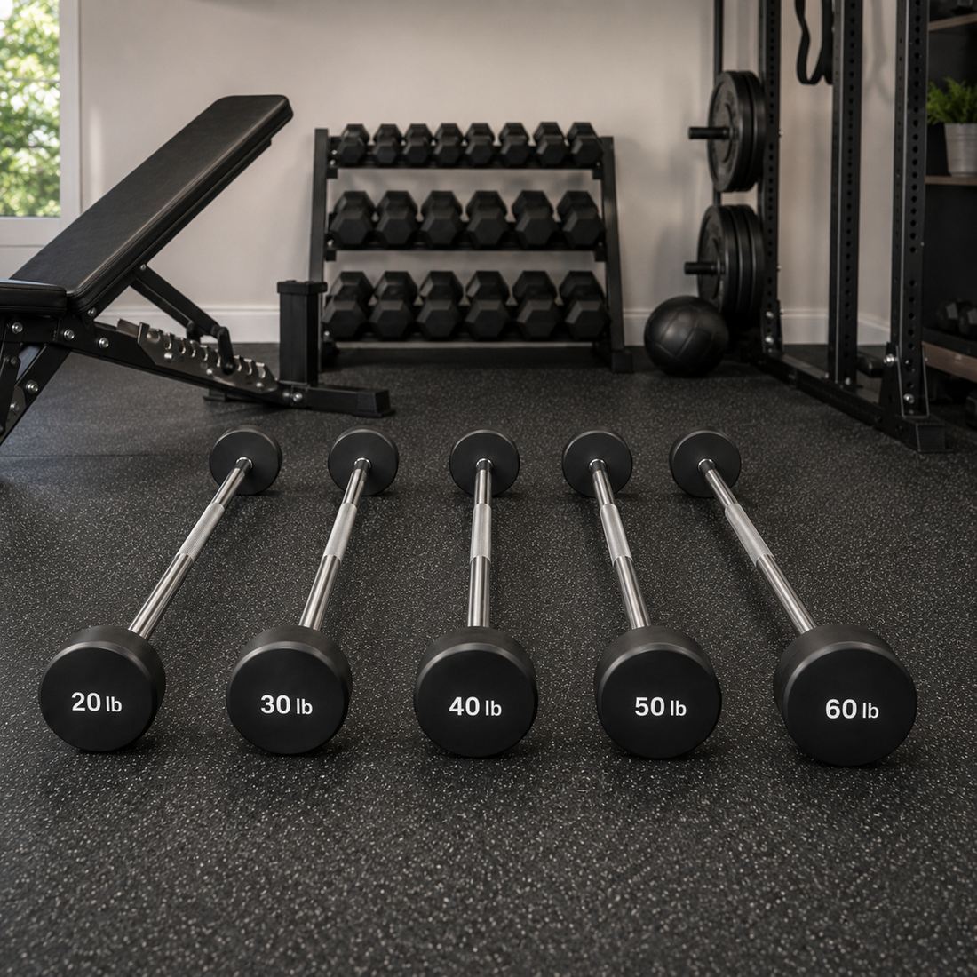 Stealth Series 200 LB Fixed Barbell Set arranged in a modern home gym